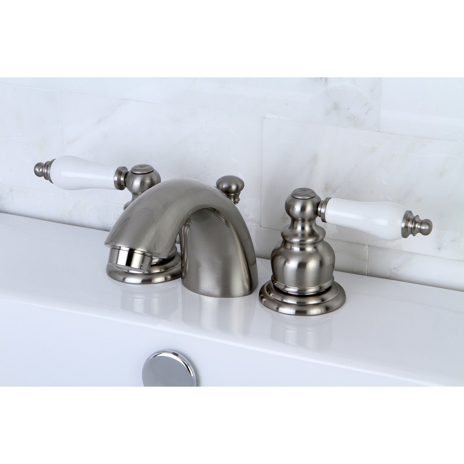 Kingston Heirloom KB948B - Victorian Two-Handle 3-Hole Deck Mount Mini-Widespread Bathroom Faucet with Pop-Up Drain, Brushed Nickel — thumbnail 3